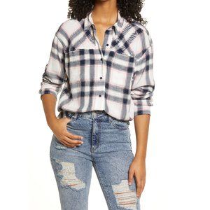 NWT BP Women's High Low Plaid Button-Up Collared Shirt Blue Size XS $85 G436